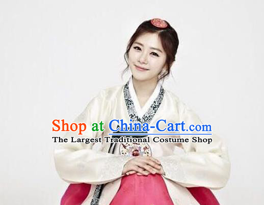 Korean Traditional Garment Hanbok Beige Blouse and Rosy Dress Outfits Asian Korea Fashion Costume for Women