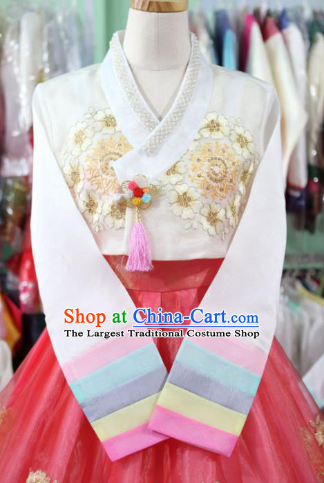 Korean Traditional Bride Garment Hanbok Embroidered White Blouse and Pink Dress Outfits Asian Korea Fashion Costume for Women