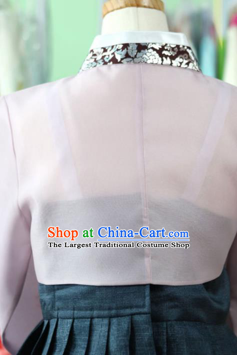 Korean Traditional Bride Garment Hanbok Embroidered Lilac Blouse and Navy Dress Outfits Asian Korea Fashion Costume for Women