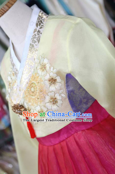 Korean Traditional Bride Garment Hanbok Embroidered Yellow Blouse and Rosy Dress Outfits Asian Korea Fashion Costume for Women