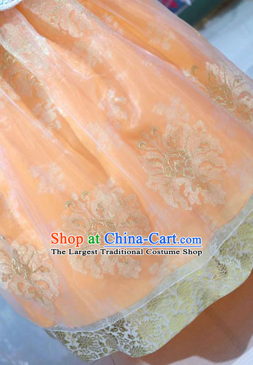 Korean Traditional Garment Bride Hanbok Embroidered Blue Blouse and Orange Dress Outfits Asian Korea Fashion Costume for Women