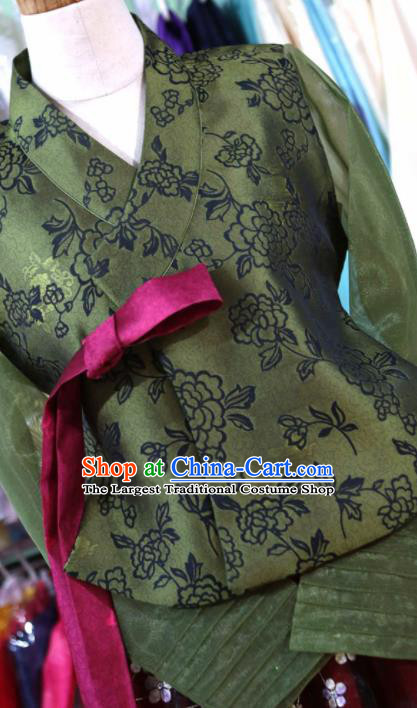 Korean Traditional Garment Bride Hanbok Olive Green Blouse and Dark Red Dress Outfits Asian Korea Fashion Costume for Women
