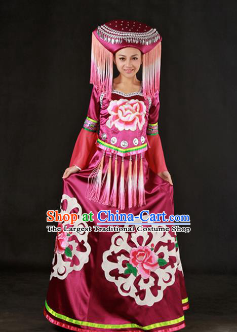 Chinese Traditional Zhuang Nationality Wine Red Dress Ethnic Minority Folk Dance Stage Show Costume for Women