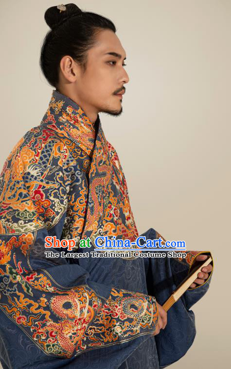 Traditional Chinese Ming Dynasty Royal Highness Blue Embroidered Robe Ancient King Costumes for Men
