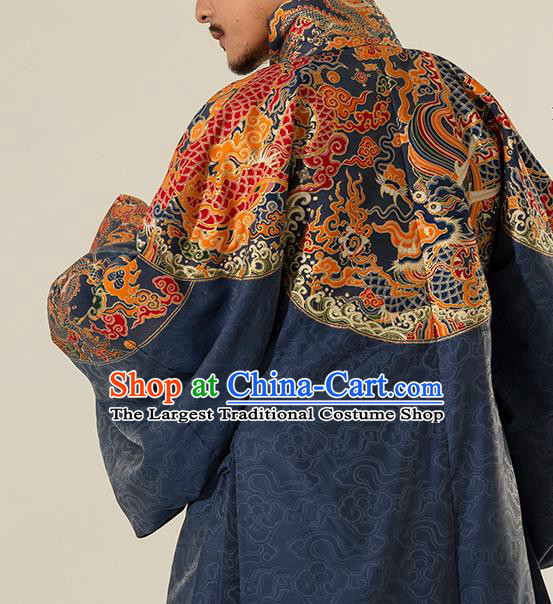 Traditional Chinese Ming Dynasty Royal Highness Blue Embroidered Robe Ancient King Costumes for Men