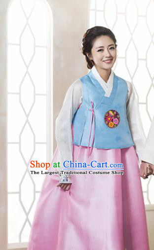 Korean Traditional Garment Bride Hanbok Blue Blouse and Pink Dress Asian Korea Fashion Costume for Women