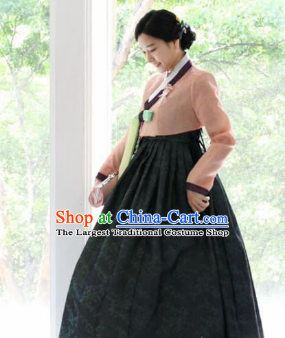 Korean Traditional Garment Pink Blouse and Black Dress Mother Hanbok Asian Korea Fashion Costume for Women