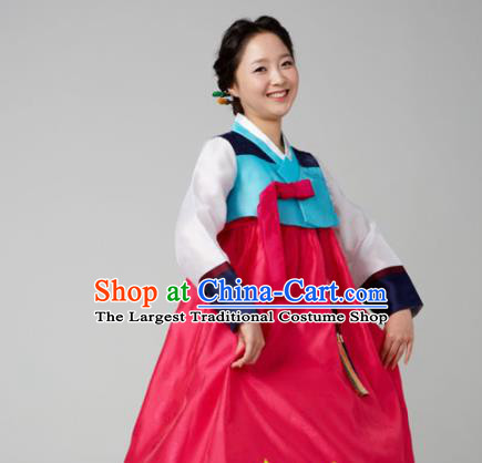 Korean Traditional Mother Hanbok Garment Blue Blouse and Rosy Dress Asian Korea Fashion Costume for Women