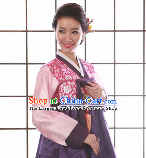 Korean Traditional Mother Hanbok Garment Pink Satin Blouse and Purple Dress Asian Korea Fashion Costume for Women