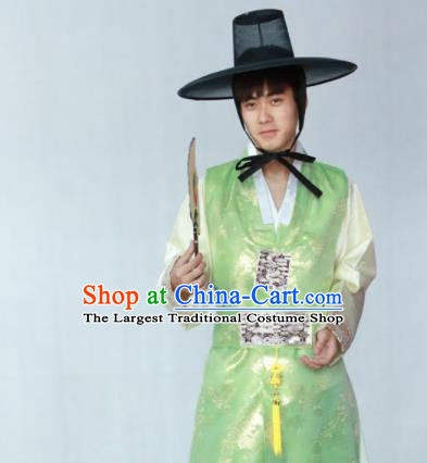 Korean Traditional Green Silk Long Vest Hanbok Asian Korea Bridegroom Fashion Costume for Men