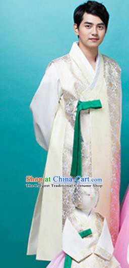 Korean Traditional Light Golden Vest and Pants Hanbok Asian Korea Bridegroom Fashion Costume for Men