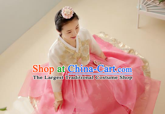 Korean Traditional Court Hanbok Garment Beige Blouse and Pink Dress Asian Korea Fashion Costume for Women