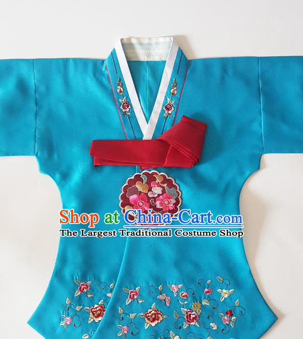 Korean Traditional Court Hanbok Garment Embroidered Peony Lake Blue Blouse Asian Korea Fashion Costume for Women