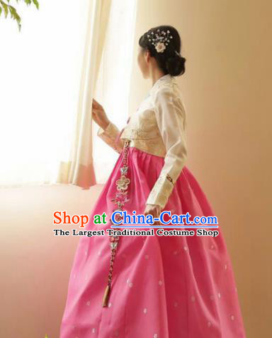 Korean Traditional Bride Hanbok White Blouse and Pink Dress Garment Asian Korea Fashion Costume for Women