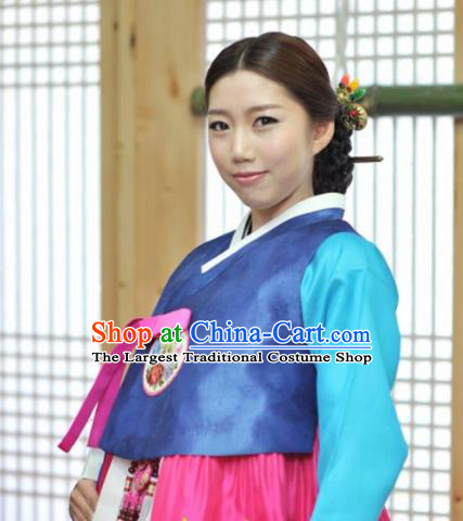 Korean Traditional Bride Mother Hanbok Navy Blouse and Rosy Dress Garment Asian Korea Fashion Costume for Women