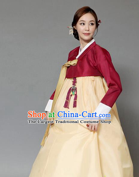 Korean Traditional Bride Hanbok Wine Red Blouse and Yellow Dress Garment Asian Korea Fashion Costume for Women
