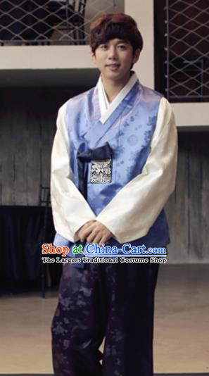 Korean Traditional Blue Vest and Purple Pants Hanbok Asian Korea Bridegroom Fashion Costume for Men