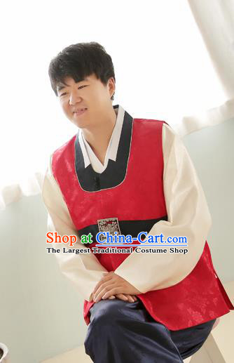 Korean Traditional Wedding Red Vest and Navy Pants Hanbok Asian Korea Bridegroom Fashion Costume for Men