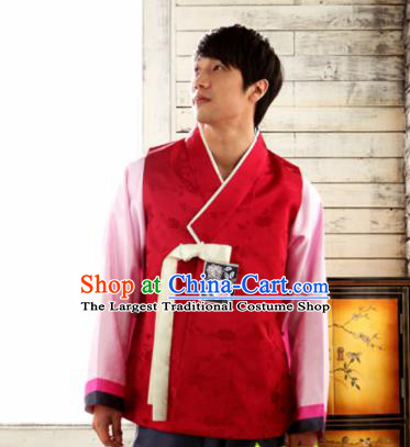 Korean Traditional Wedding Red Vest and Pants Hanbok Asian Korea Bridegroom Fashion Costume for Men