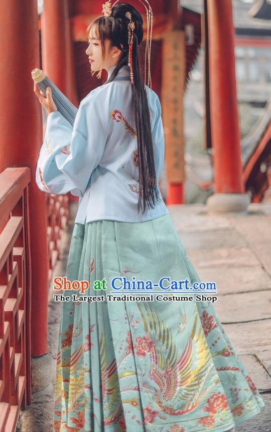 Chinese Traditional Ming Dynasty Nobility Lady Blue Brocade Blouse and Skirt Ancient Palace Princess Costumes for Women