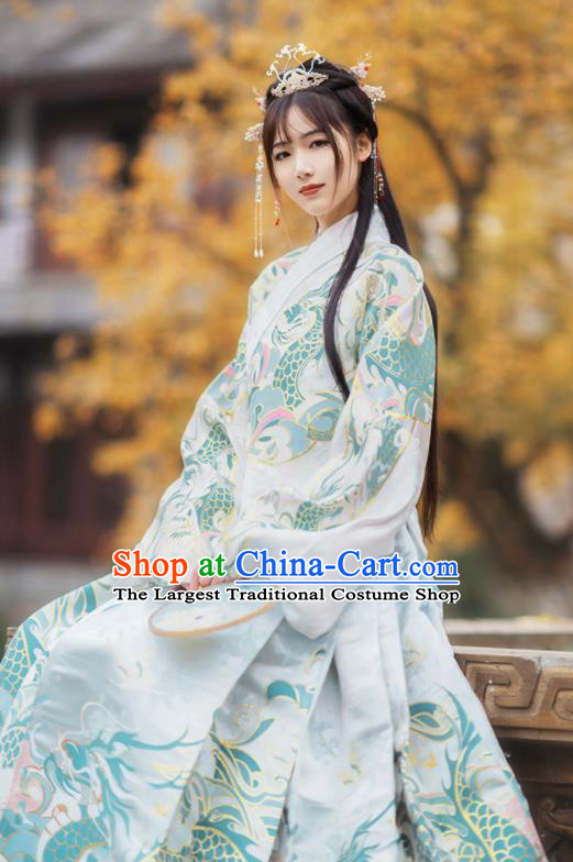 Chinese Traditional Hanfu White Brocade Blouse and Blue Skirt Ancient Ming Dynasty Court Princess Costumes for Women
