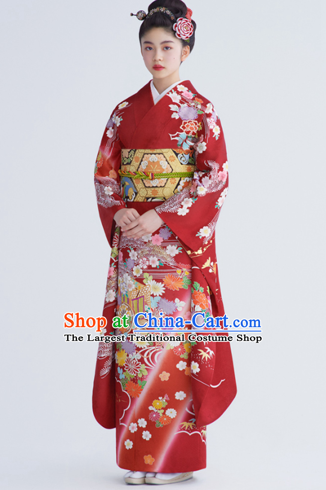 Traditional Asian Japan Clothing Japanese Fashion Apparel Printing Furisode Kimono Costume Complete Set for Women