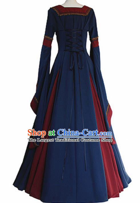 Western Halloween Renaissance Cosplay Queen Deep Blue Dress European Traditional Middle Ages Court Costume for Women