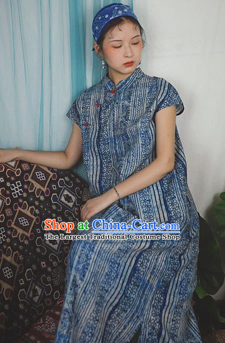 Chinese Traditional Navy Qipao Dress National Costume Cheongsam for Women