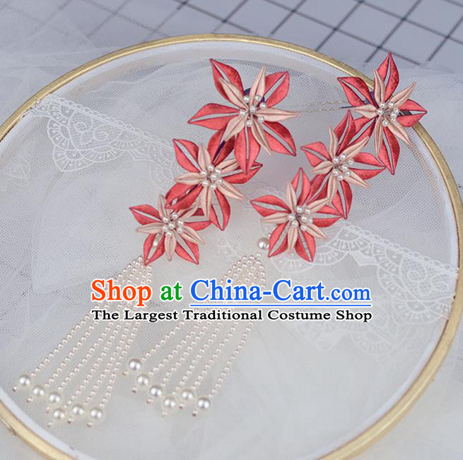 Chinese Traditional Pink Flower Tassel Hairpin Handmade Hanfu Hair Accessories for Women