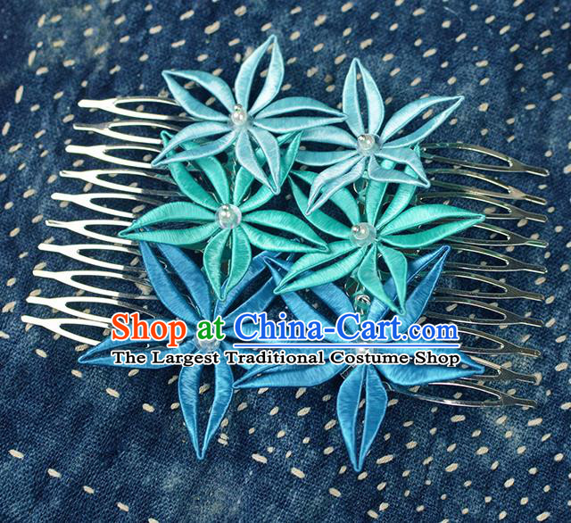 Chinese Traditional Blue Flowers Hair Comb Handmade Hanfu Hair Accessories for Women