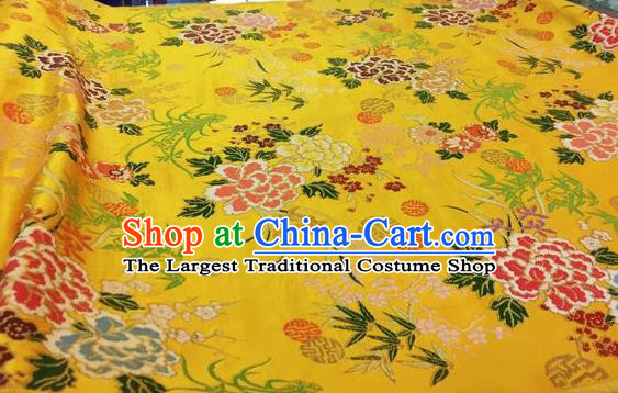 Asian Chinese Classical Peony Orchid Plum Pattern Design Golden Silk Fabric Traditional Nanjing Brocade Material
