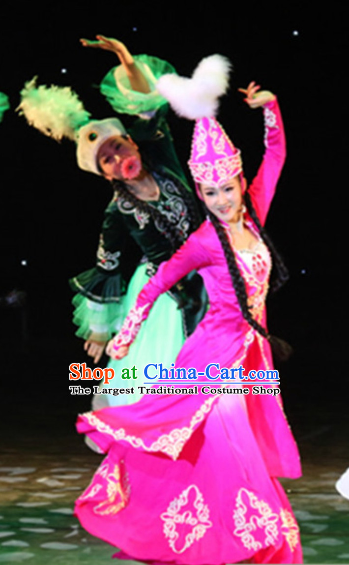 Chinese Traditional Kazakhstan Clothes Folk Dance Ethnic Dress and Hat Complete Set for Women