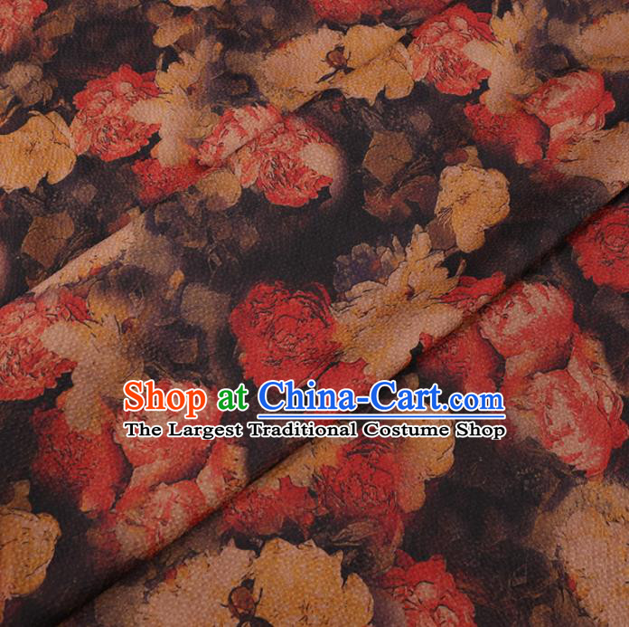 Asian Chinese Classical Roses Pattern Design Brown Watered Gauze Fabric Traditional Silk Material
