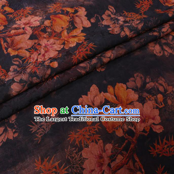 Asian Chinese Classical Magnolia Maple Leaf Pattern Design Navy Watered Gauze Fabric Traditional Silk Material