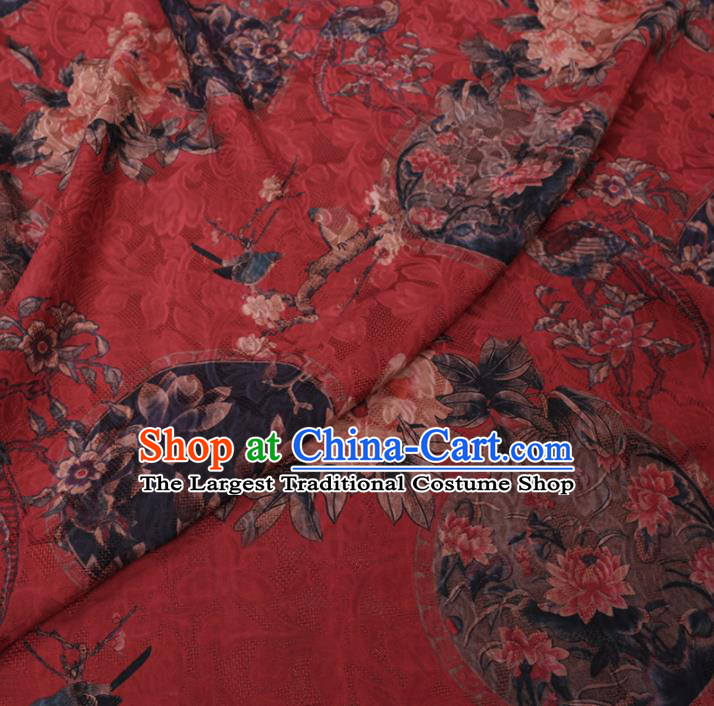 Chinese Classical Peony Plum Pattern Design Red Watered Gauze Fabric Asian Traditional Silk Material