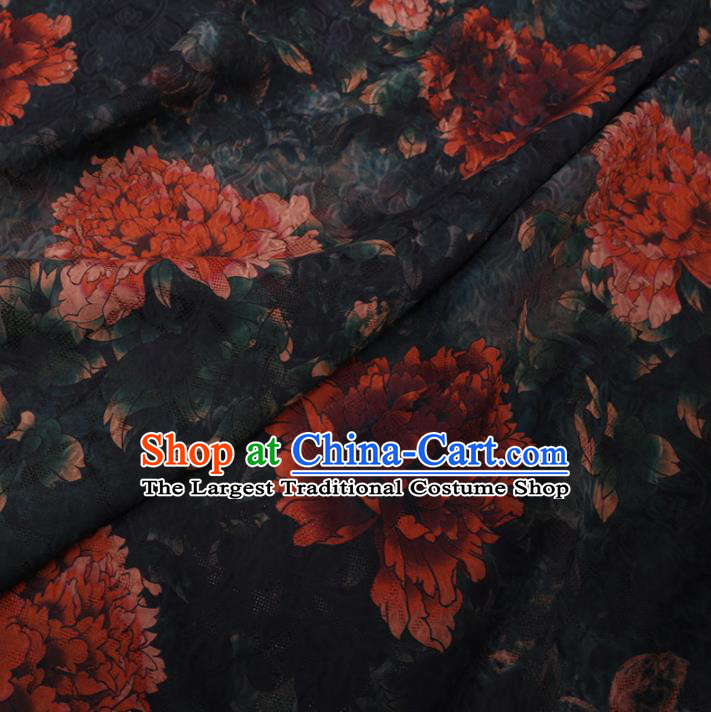 Chinese Classical Peony Flowers Pattern Design Black Watered Gauze Fabric Asian Traditional Silk Material