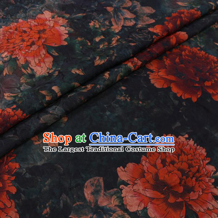 Chinese Classical Peony Flowers Pattern Design Black Watered Gauze Fabric Asian Traditional Silk Material