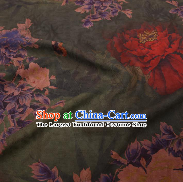 Chinese Cheongsam Classical Peony Bamboo Pattern Design Green Watered Gauze Fabric Asian Traditional Silk Material
