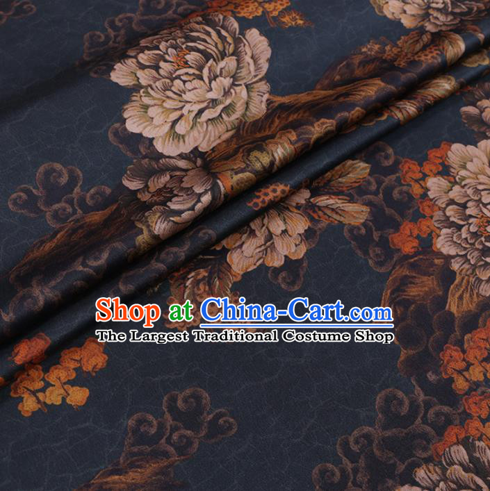 Chinese Cheongsam Classical Peony Pattern Design Navy Watered Gauze Fabric Asian Traditional Silk Material