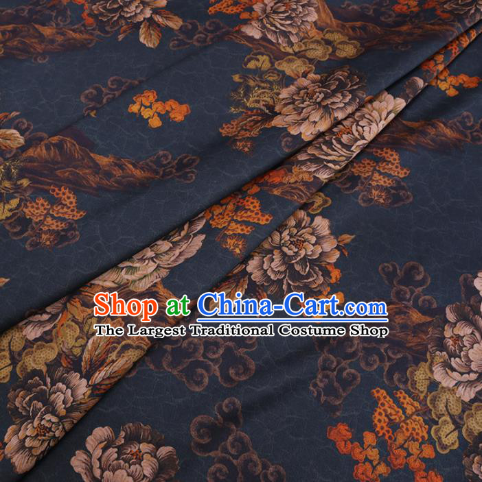 Chinese Cheongsam Classical Peony Pattern Design Navy Watered Gauze Fabric Asian Traditional Silk Material