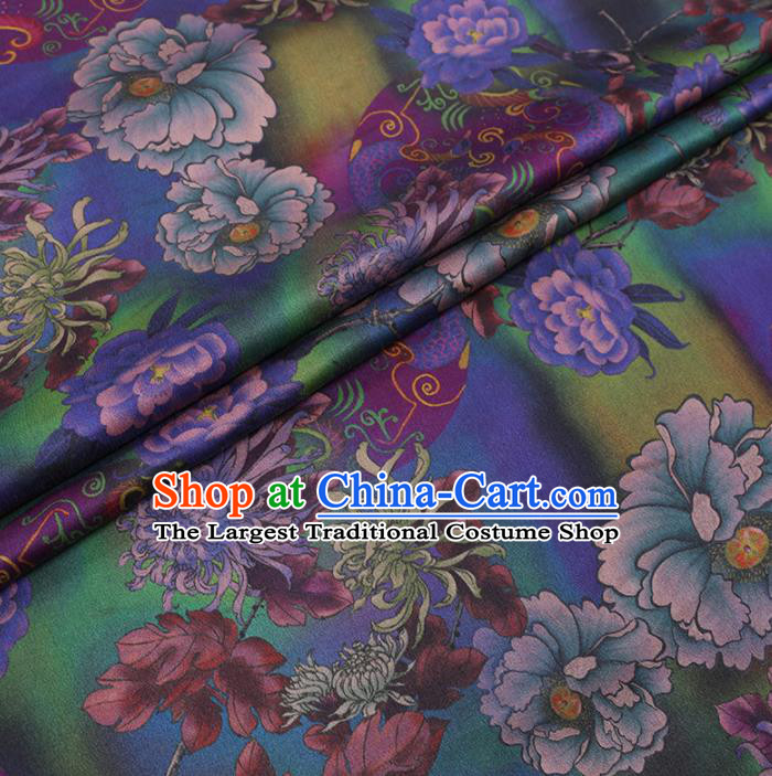Chinese Cheongsam Classical Camellia Chrysanthemum Pattern Design Green Watered Gauze Fabric Asian Traditional Silk Material