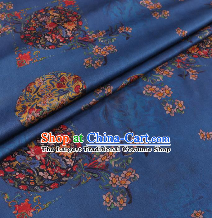 Chinese Cheongsam Classical Orchid Lotus Pattern Design Blue Watered Gauze Fabric Asian Traditional Silk Material