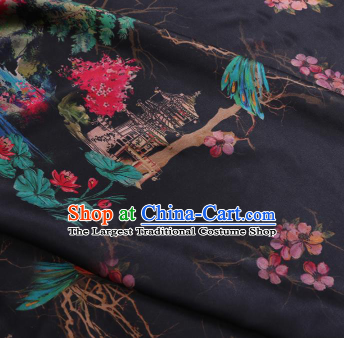 Chinese Cheongsam Classical Peach Blossom Lotus Pattern Design Black Watered Gauze Fabric Asian Traditional Silk Material