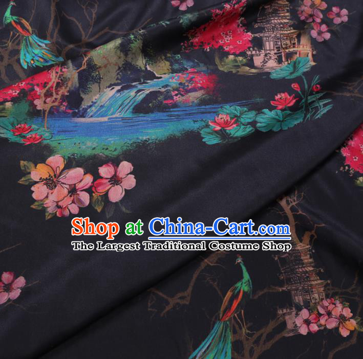 Chinese Cheongsam Classical Peach Blossom Lotus Pattern Design Black Watered Gauze Fabric Asian Traditional Silk Material