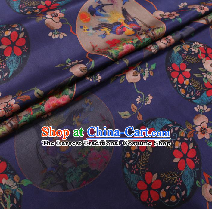 Chinese Cheongsam Classical Magpie Peony Pattern Design Deep Blue Watered Gauze Fabric Asian Traditional Silk Material