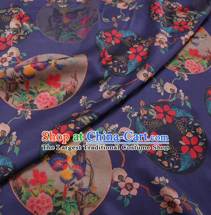 Chinese Cheongsam Classical Magpie Peony Pattern Design Deep Blue Watered Gauze Fabric Asian Traditional Silk Material