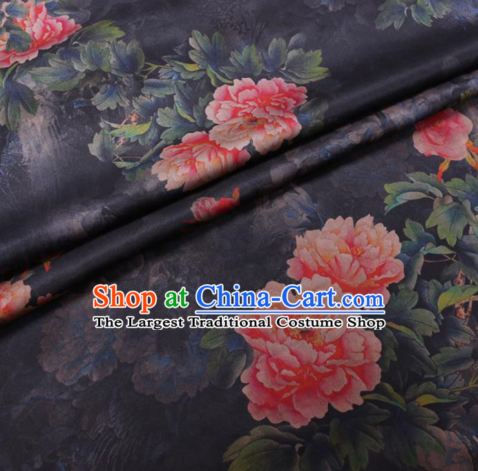 Chinese Cheongsam Classical Peony Pattern Design Navy Watered Gauze Fabric Asian Traditional Silk Material