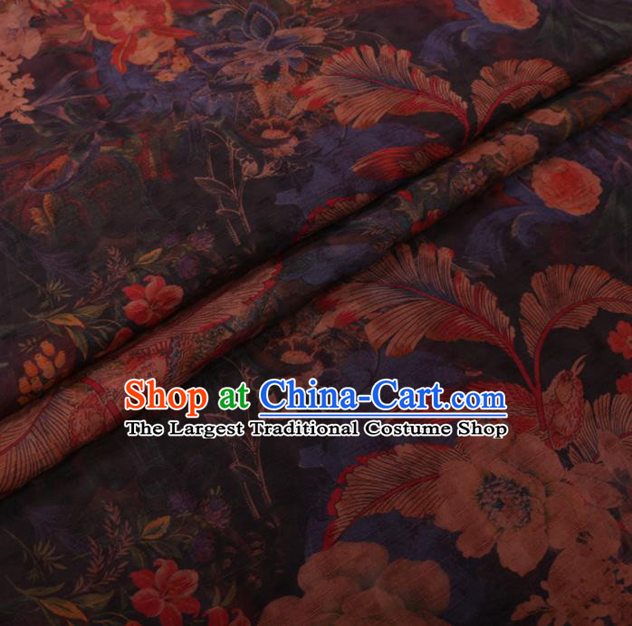 Chinese Cheongsam Classical Flowers Pattern Design Navy Watered Gauze Fabric Asian Traditional Silk Material