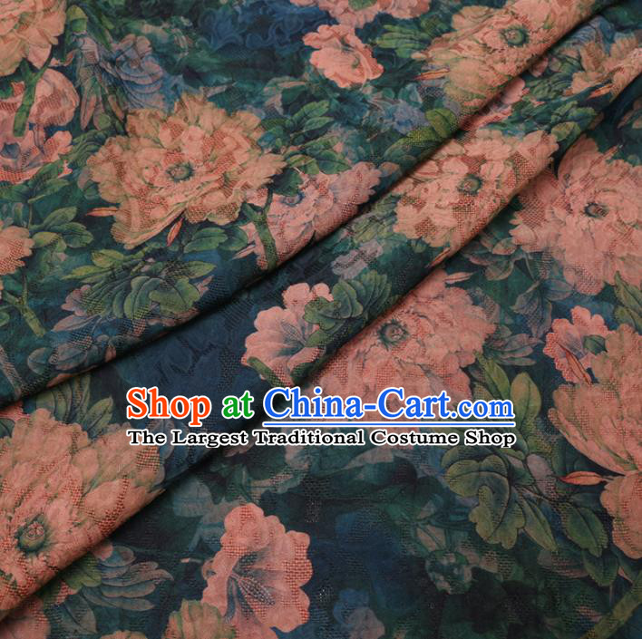 Asian Chinese Classical Peony Pattern Design Blue Watered Gauze Fabric Traditional Silk Material