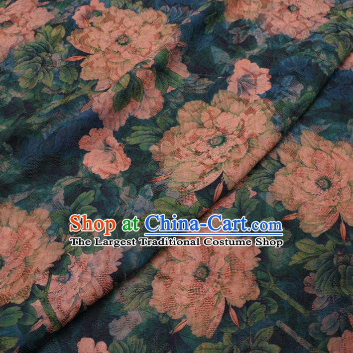 Asian Chinese Classical Peony Pattern Design Blue Watered Gauze Fabric Traditional Silk Material